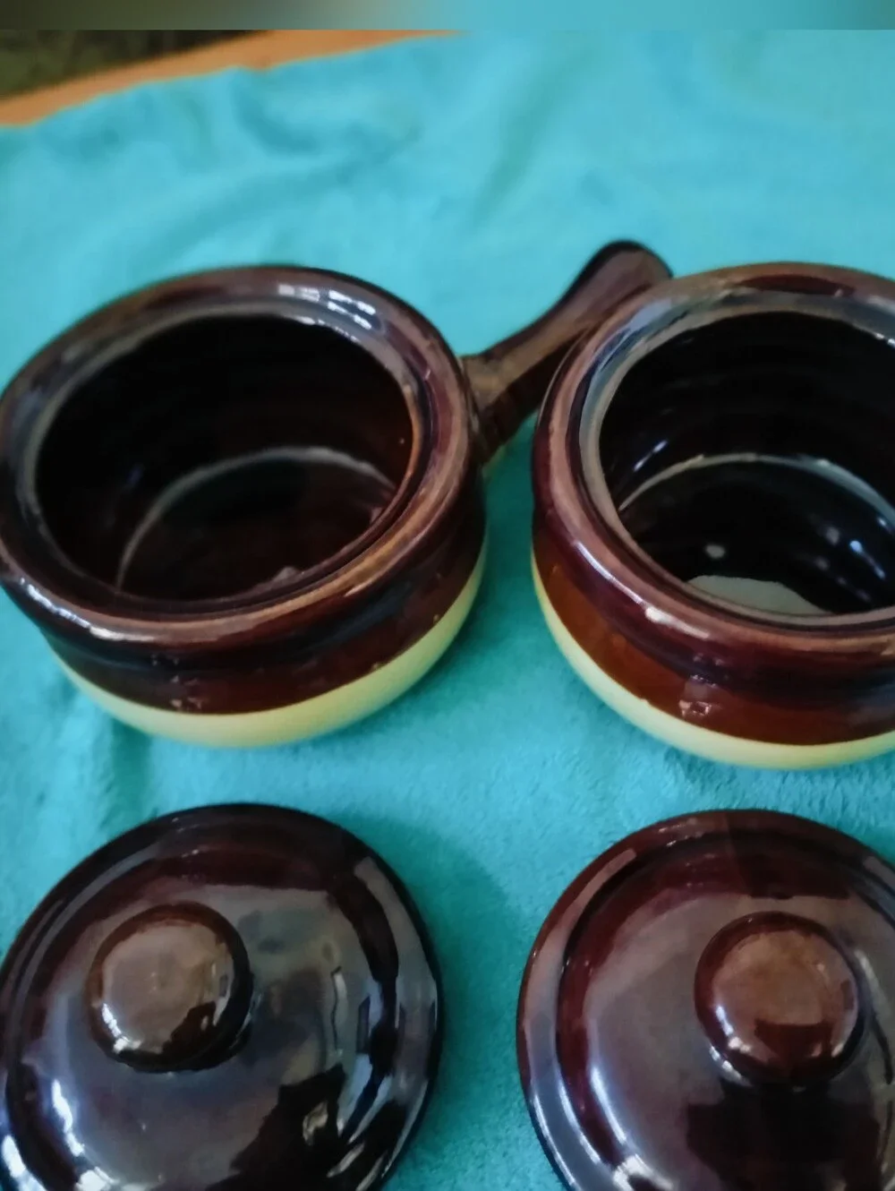 Vintage Brown & Cream Ceramic Crocks Lids Set of 2 French Onion Soup Bowls 4.75